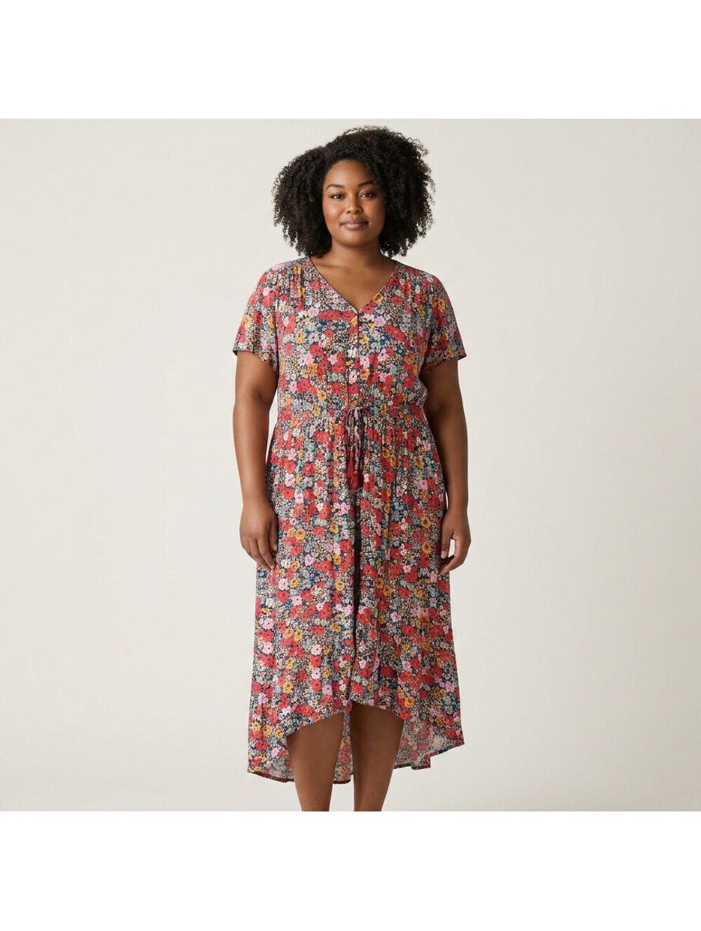 Knox Rose Dress Women XL Blue Floral Sheath Midi V-Neck Button Short Sleeve